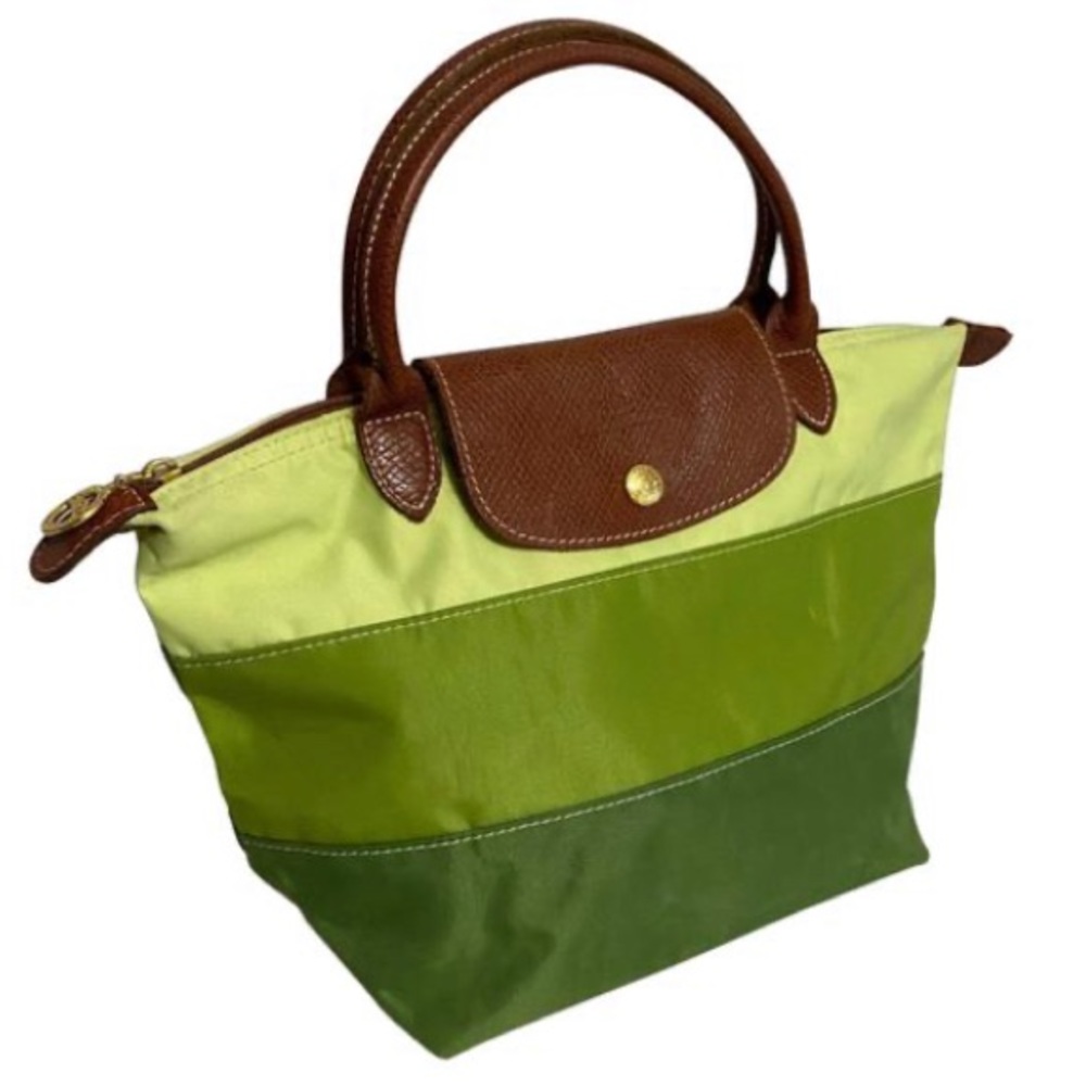 Longchamp Tricolor Green Nylon Satchel with Brown Leather Trim
